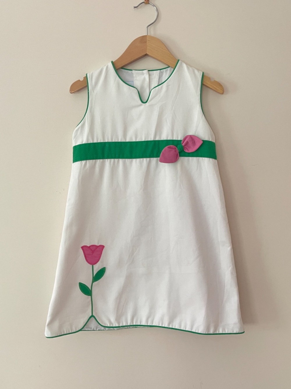 Little English White Dress with Green Trim and Pink Appliqué